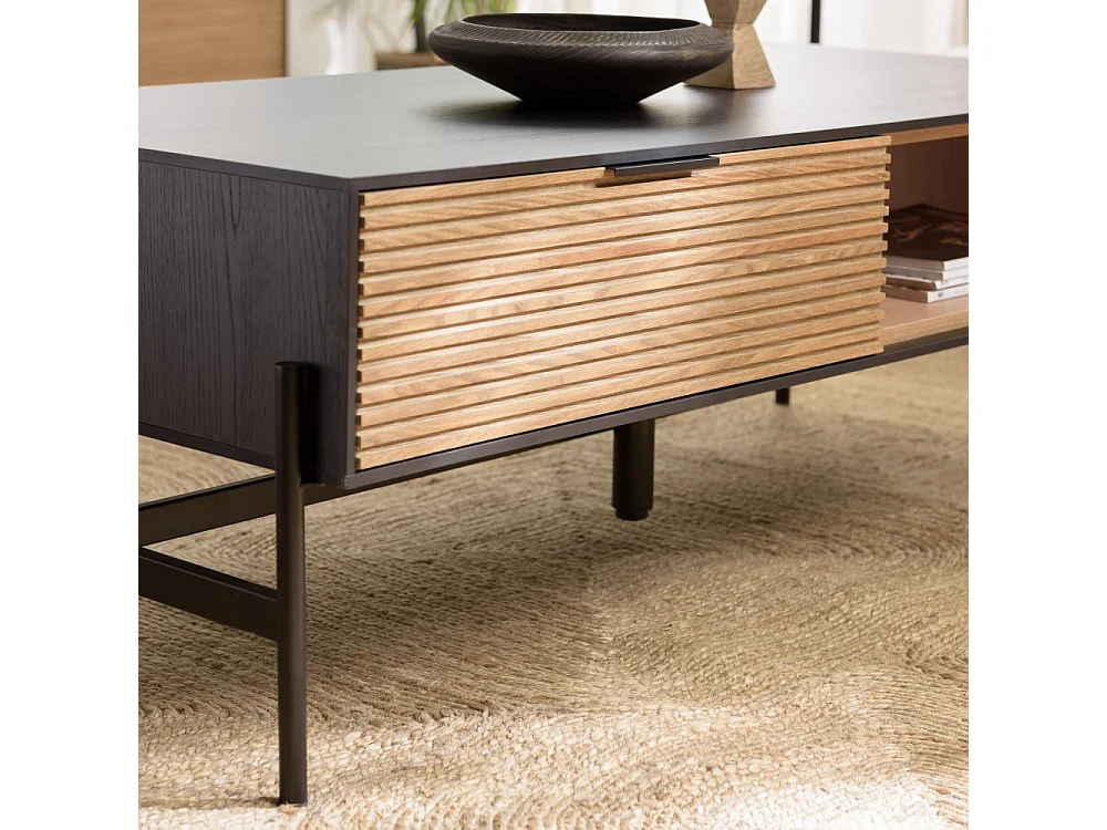 CHARLIE - Table basse 2 tiroirs 1 niche en bois pin marron et noire