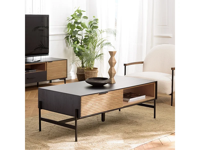 CHARLIE - Table basse 2 tiroirs 1 niche en bois pin marron et noire