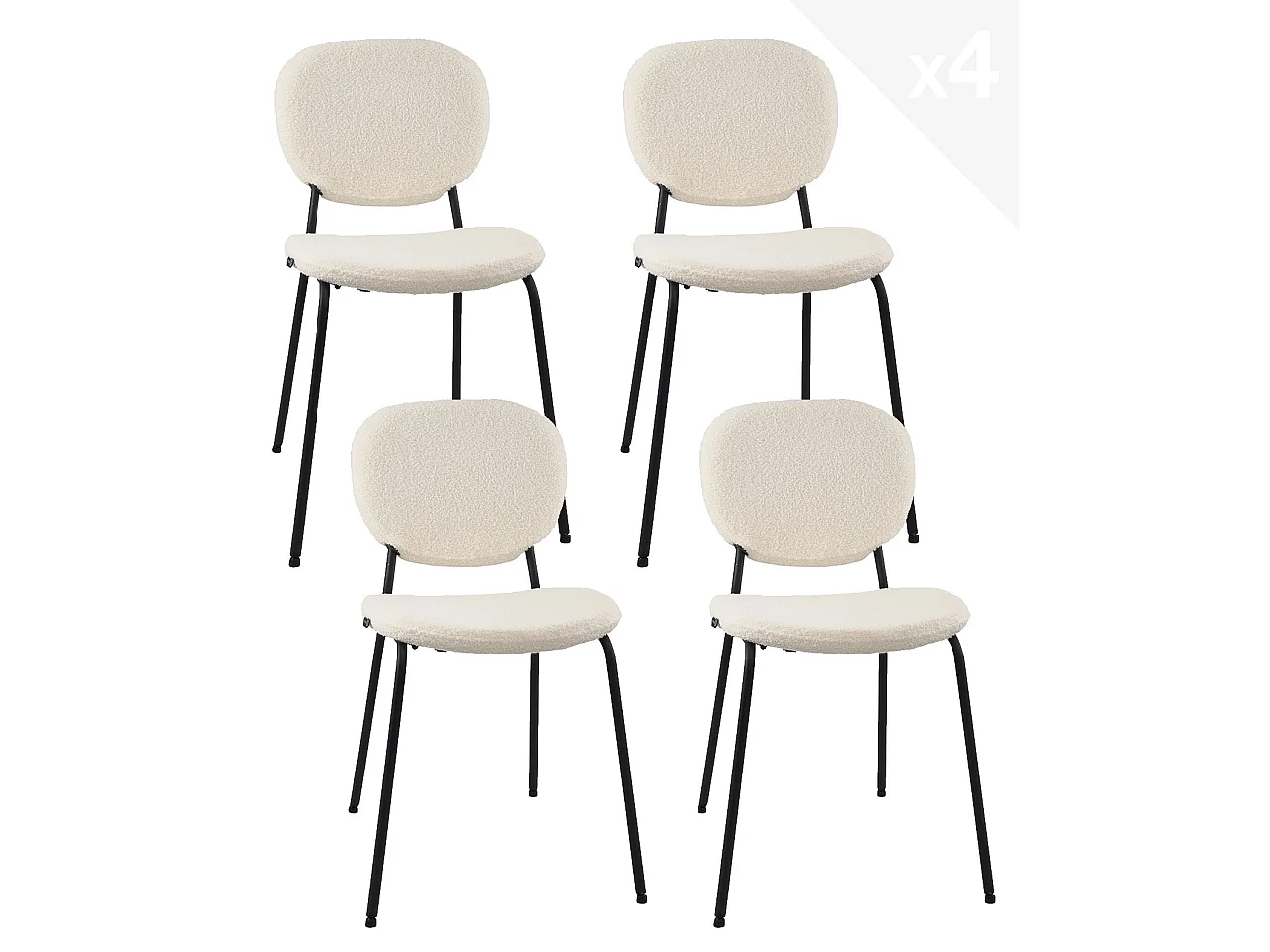 Lot 4 chaises salle à manger tissu bouclette teddy blanc rembourré pieds métal noir MADA (blanc)