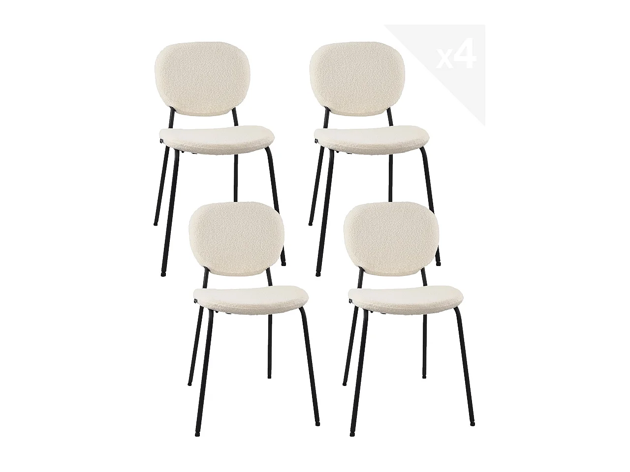 Lot 4 chaises salle à manger tissu bouclette teddy blanc rembourré pieds métal noir MADA (blanc)