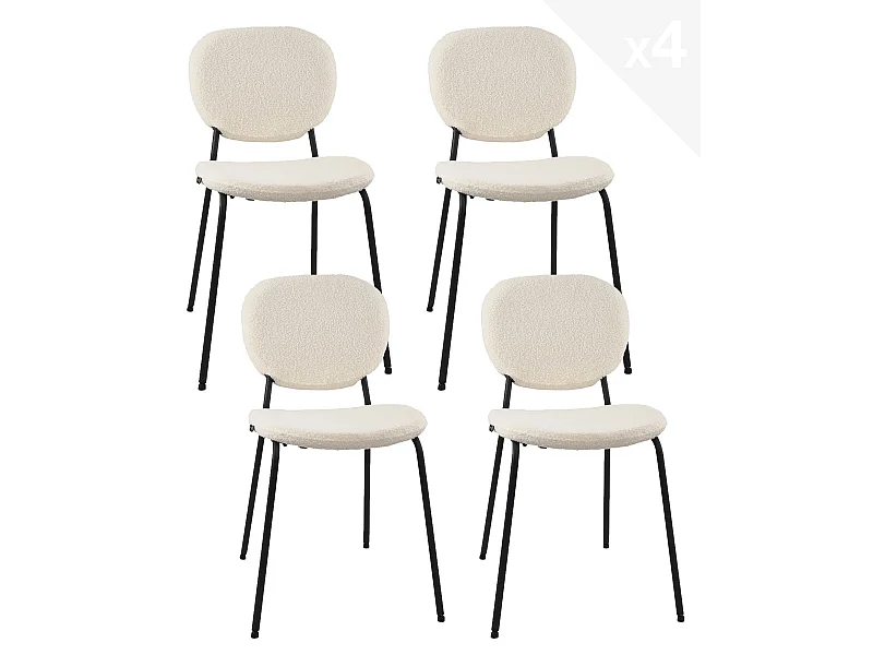 Set van 4 eetkamerstoelen witte teddy bouclette stof gevoerd zwarte metalen poten MADA (wit)