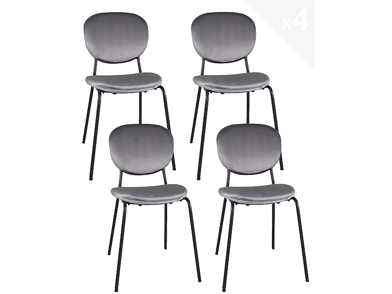 Lot 4 chaises contemporaine salon salle à manger velours rembourré pieds métal noir MADA (gris)