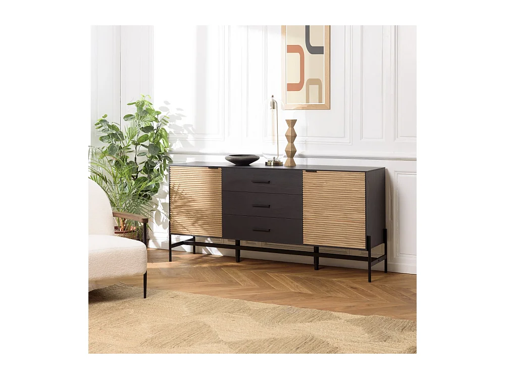CHARLIE - Buffet bois 3 tiroirs 2 portes Pin marron et noir