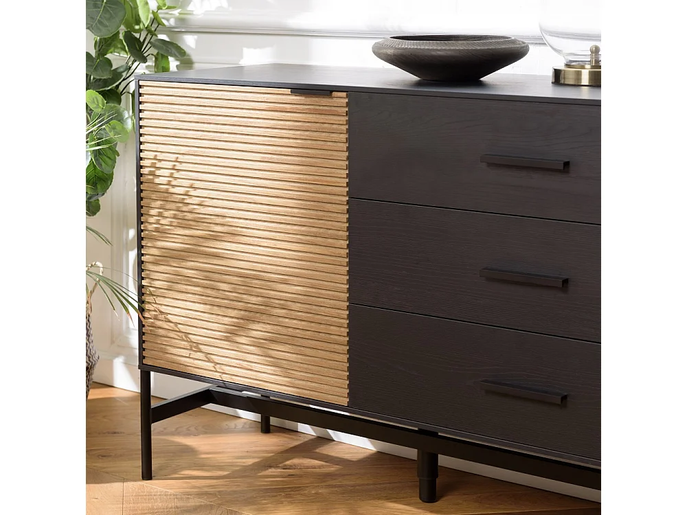 CHARLIE - Buffet bois 3 tiroirs 2 portes Pin marron et noir