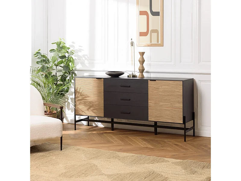 CHARLIE - Buffet bois 3 tiroirs 2 portes Pin marron et noir