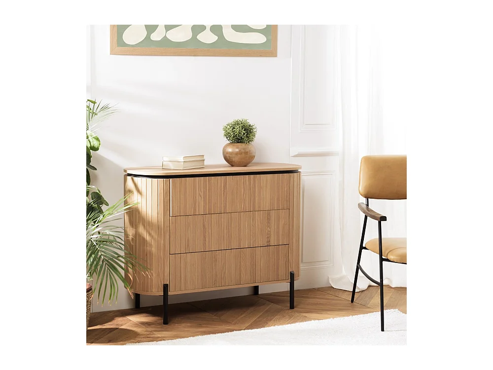 CHARLIE - Commode marron 3 tiroirs style rétro Pin pieds métal noir