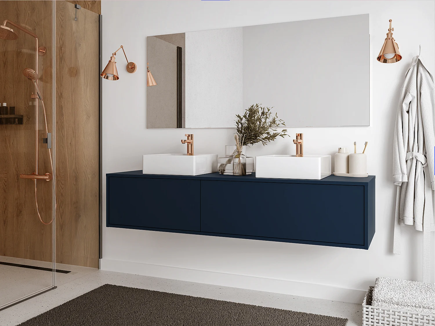 Meuble de salle de bain suspendu bleu nuit avec double vasque - L150 cm - ISAURE II