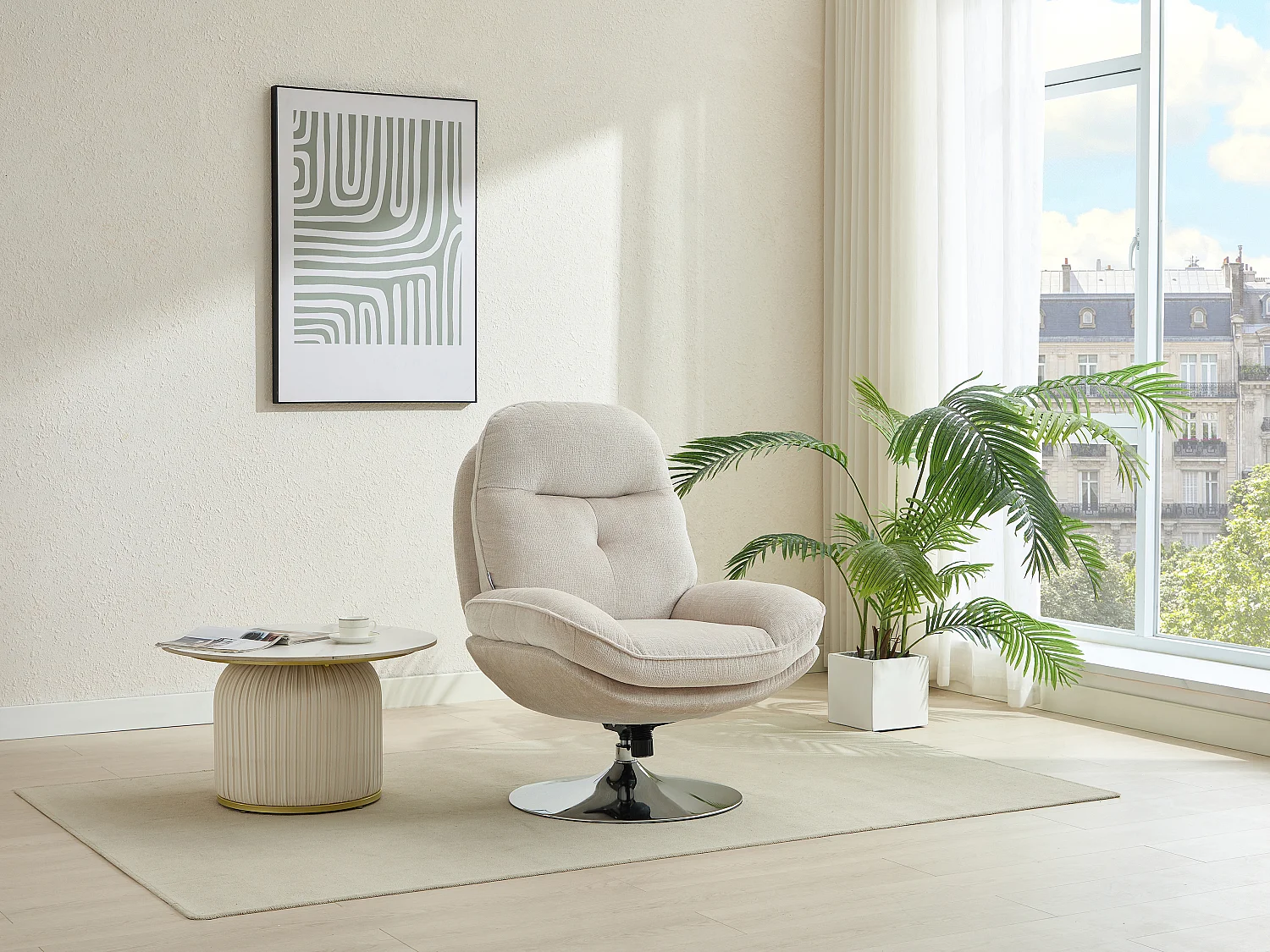 Fauteuil pivotant en tissu texturé beige ILMACA