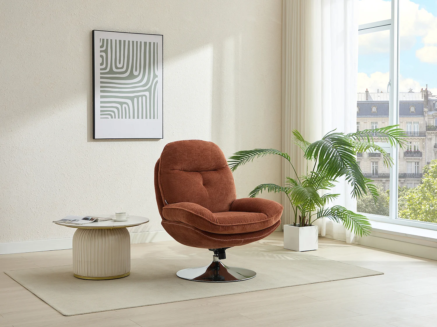 Fauteuil pivotant en tissu texturé terracotta ILMACA