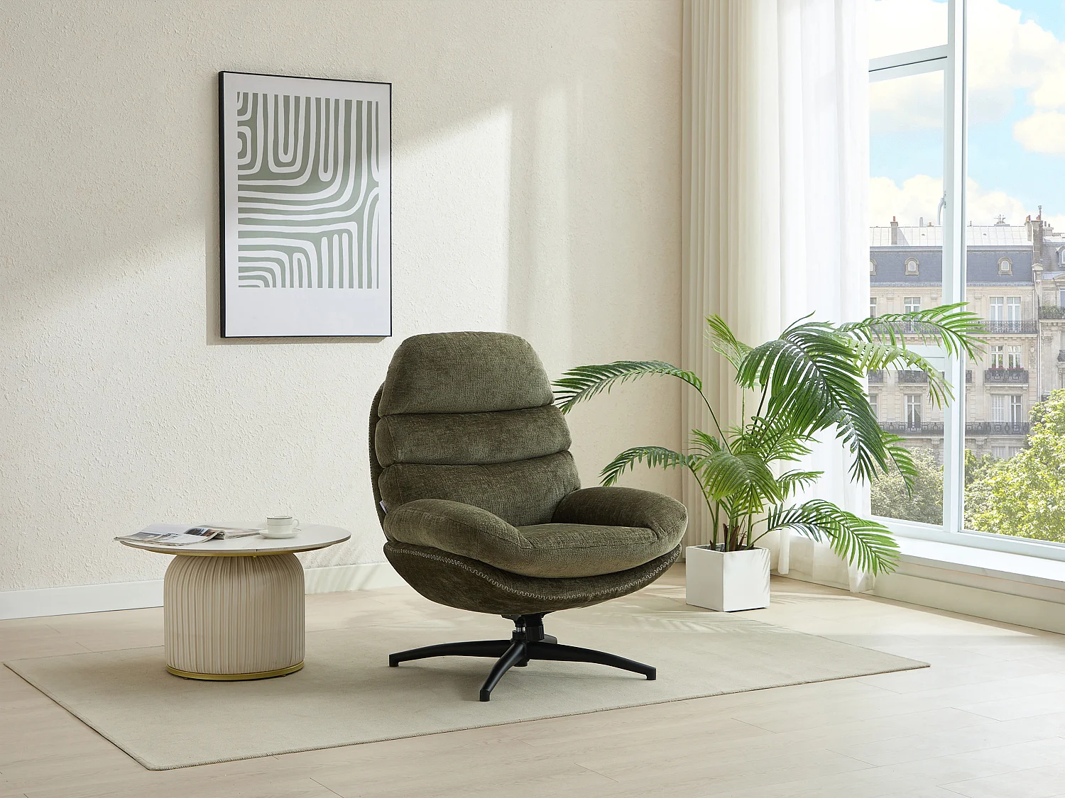 Draaifauteuil van groene stof LIZUTA