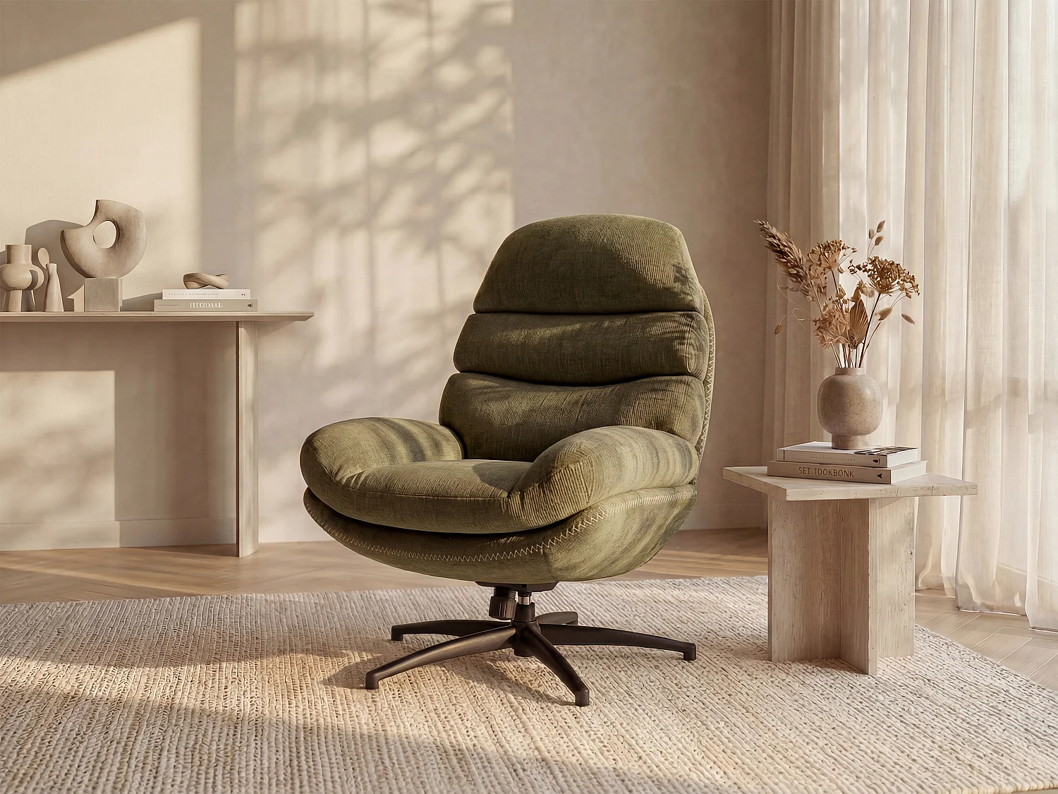 Draaifauteuil van groene stof LIZUTA