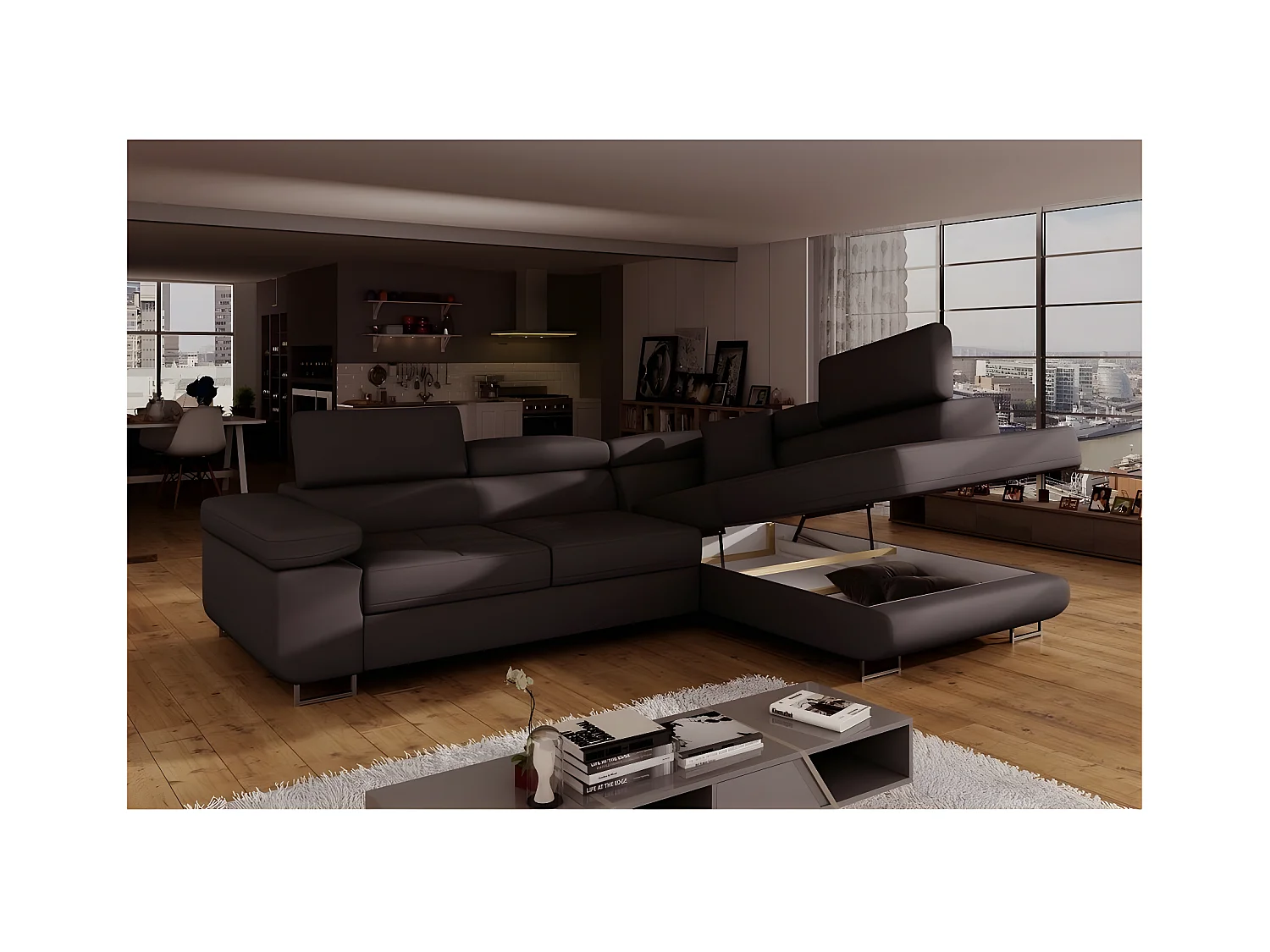 Canapé d'angle convertible en simili cuir 5 places, ANVERS SIMILI, chocolat, angle droit