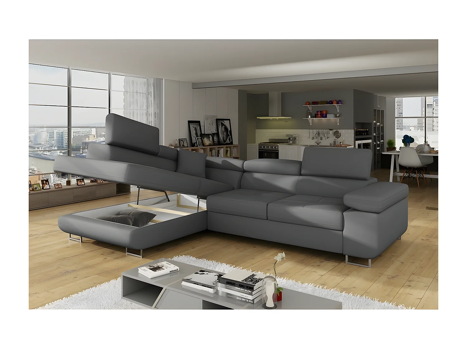 Canapé d'angle convertible en simili cuir 5 places, ANVERS SIMILI, gris foncé, angle gauche