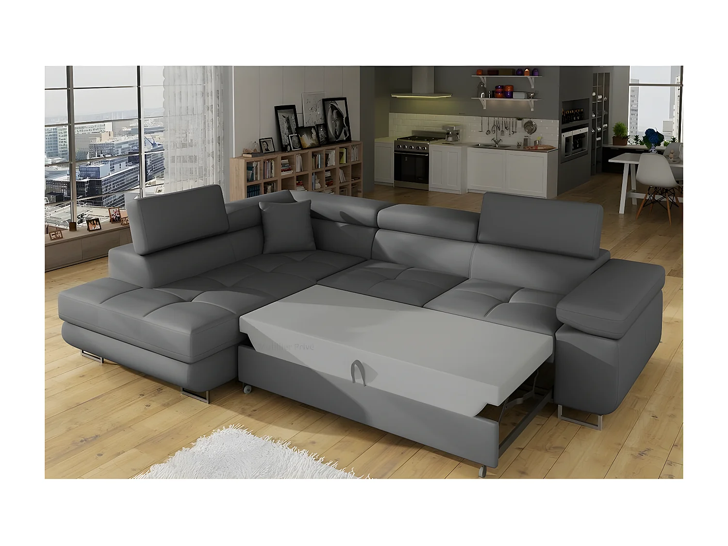 Canapé d'angle convertible en simili cuir 5 places, ANVERS SIMILI, gris foncé, angle gauche