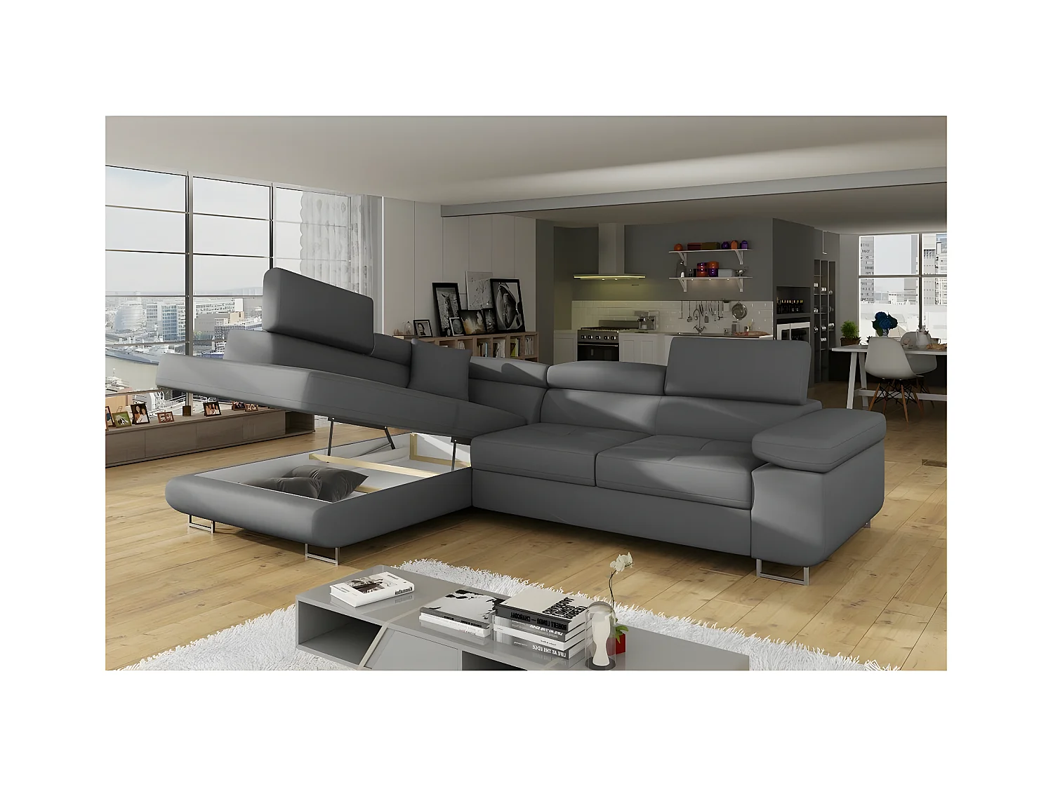 Canapé d'angle convertible en simili cuir 5 places, ANVERS SIMILI, gris foncé, angle gauche