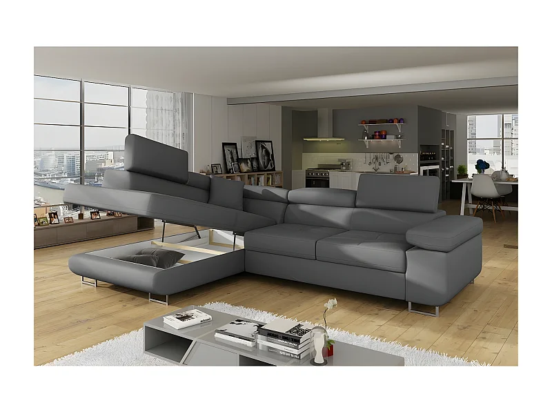 Canapé d'angle convertible en simili cuir 5 places, ANVERS SIMILI, gris foncé, angle gauche