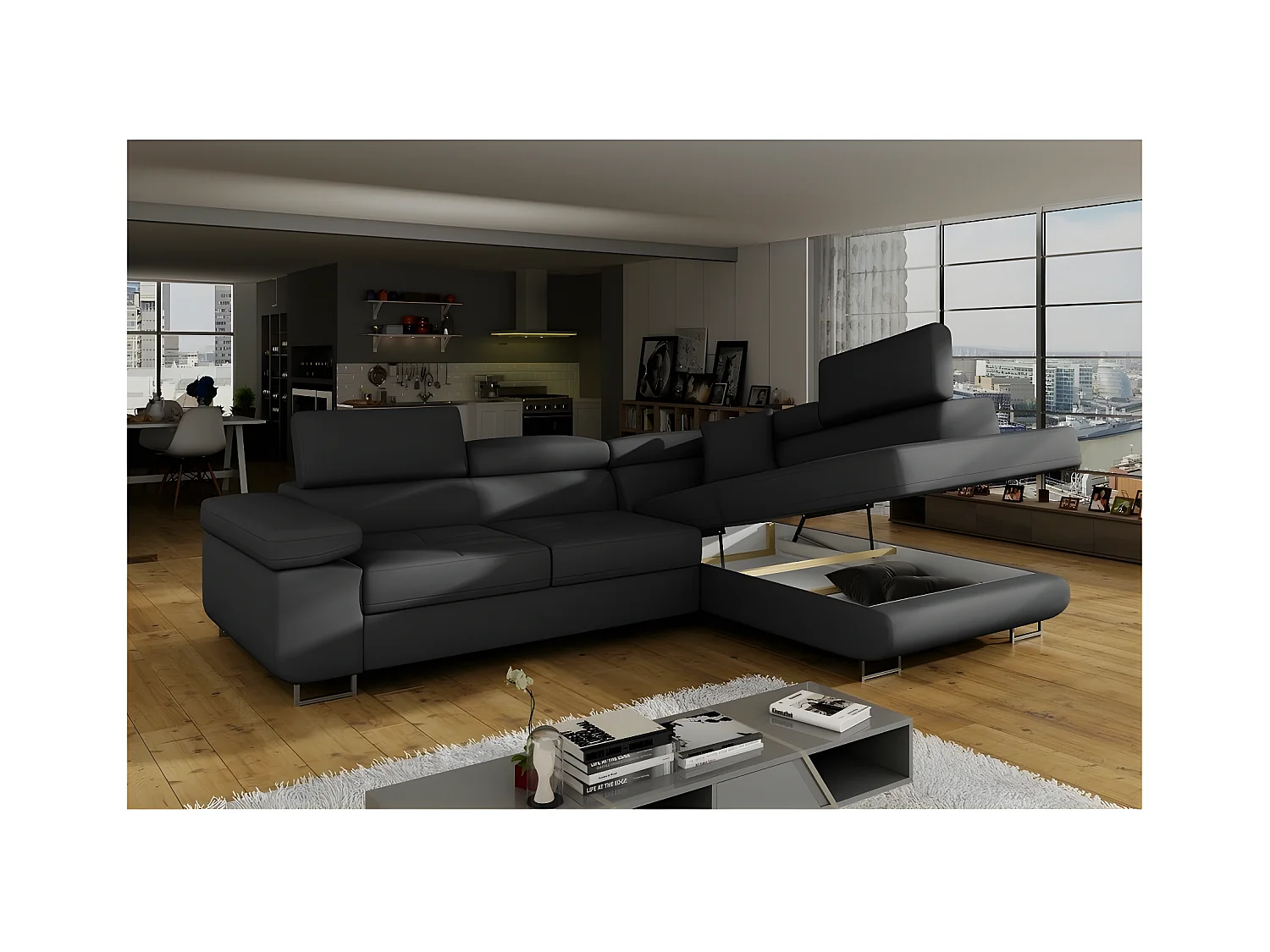 Canapé d'angle convertible en simili cuir 5 places, ANVERS SIMILI, noir, angle droit