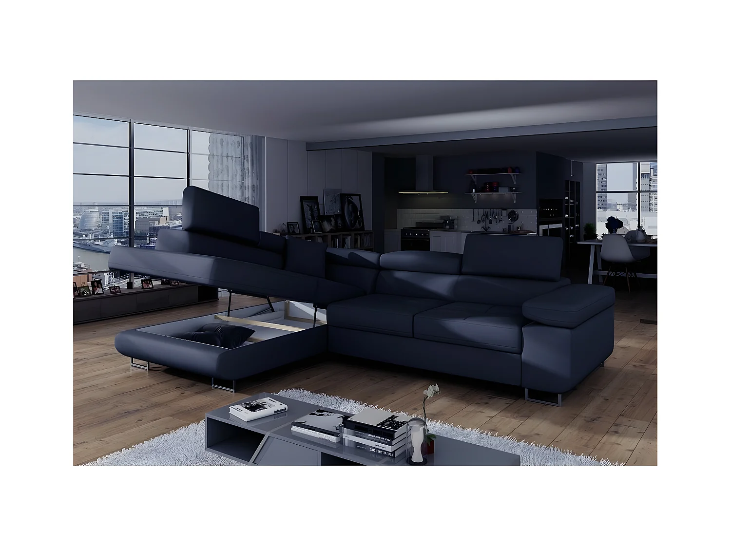 Canapé d'angle convertible en simili cuir 5 places, ANVERS SIMILI, bleu foncé, angle gauche