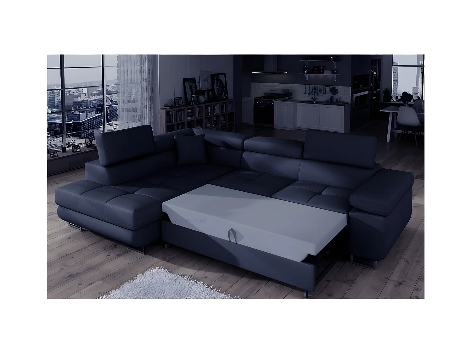 Canapé d'angle convertible en simili cuir 5 places, ANVERS SIMILI, bleu foncé, angle gauche