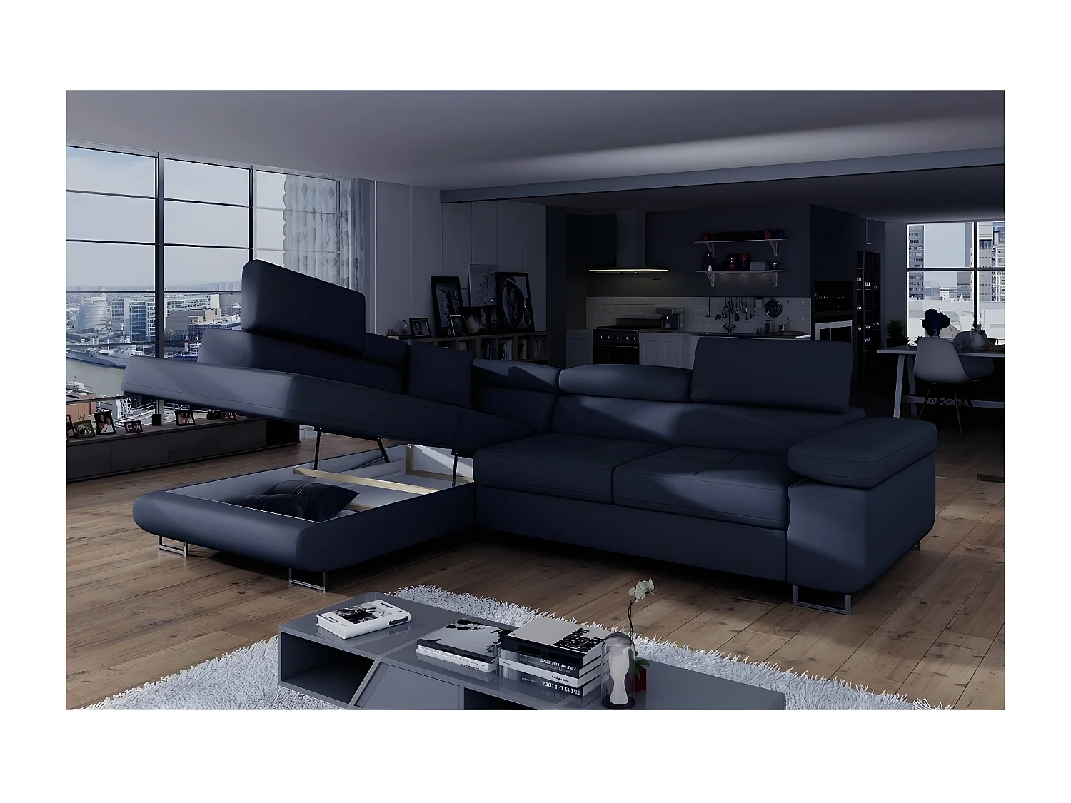 Canapé d'angle convertible en simili cuir 5 places, ANVERS SIMILI, bleu foncé, angle gauche