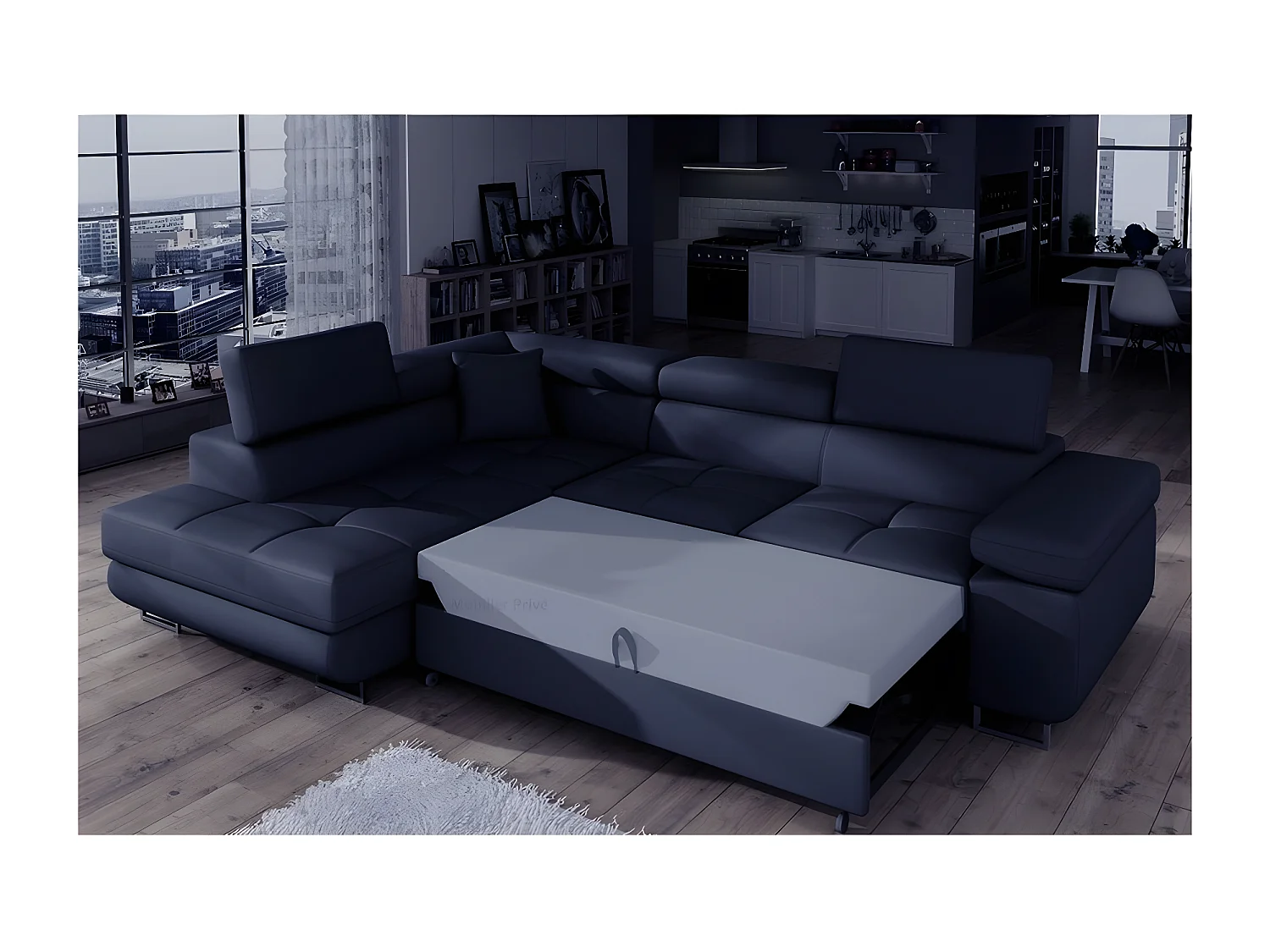 Canapé d'angle convertible en simili cuir 5 places, ANVERS SIMILI, bleu foncé, angle gauche