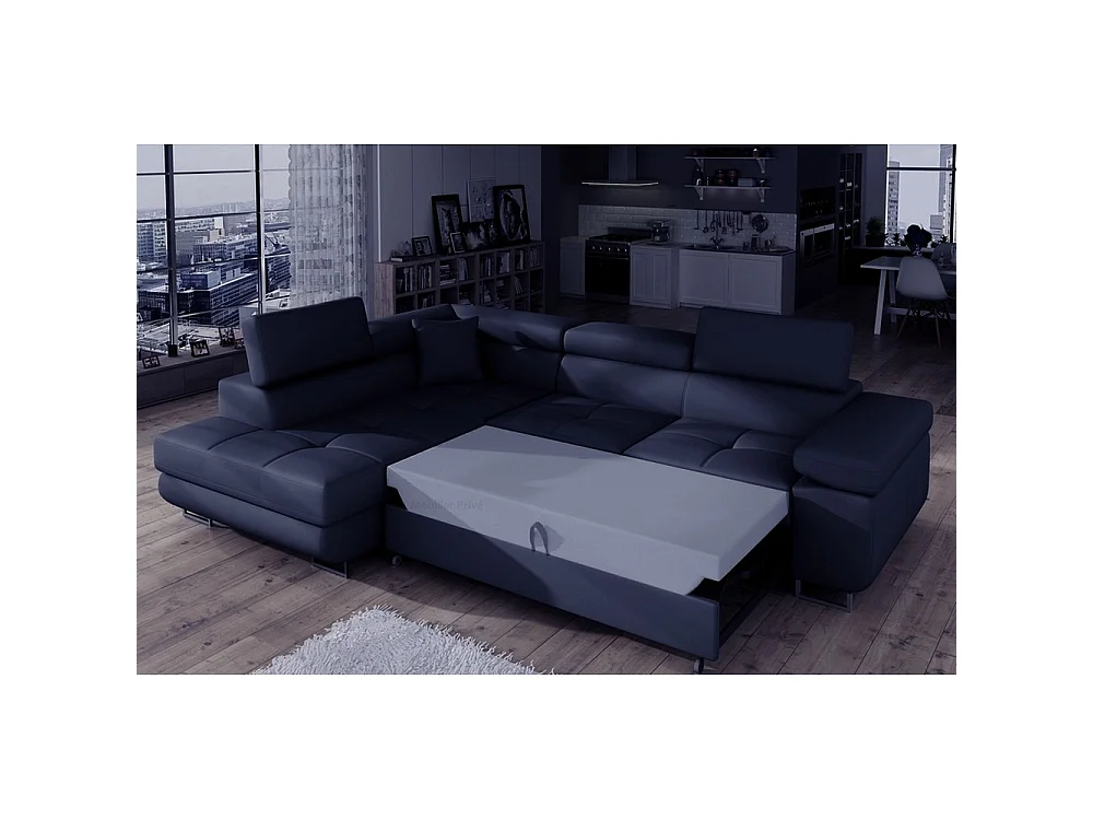 Canapé d'angle gauche convertible 5 places en simili cuir bleu foncé ANVERS