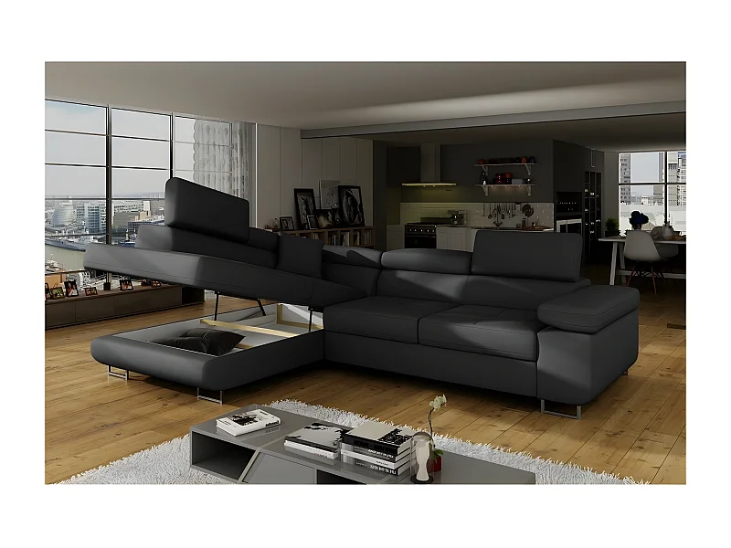 Canapé d'angle convertible en simili cuir 5 places, ANVERS SIMILI, noir, angle gauche