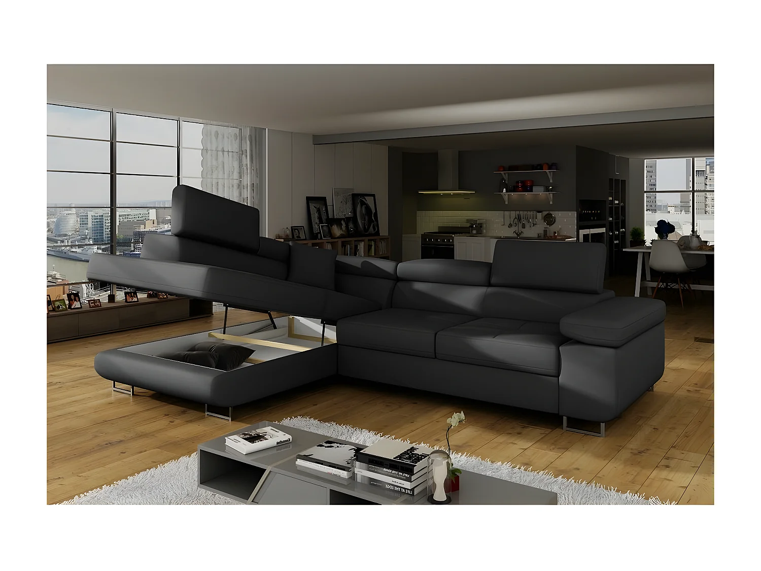 Canapé d'angle convertible en simili cuir 5 places, ANVERS SIMILI, noir, angle gauche