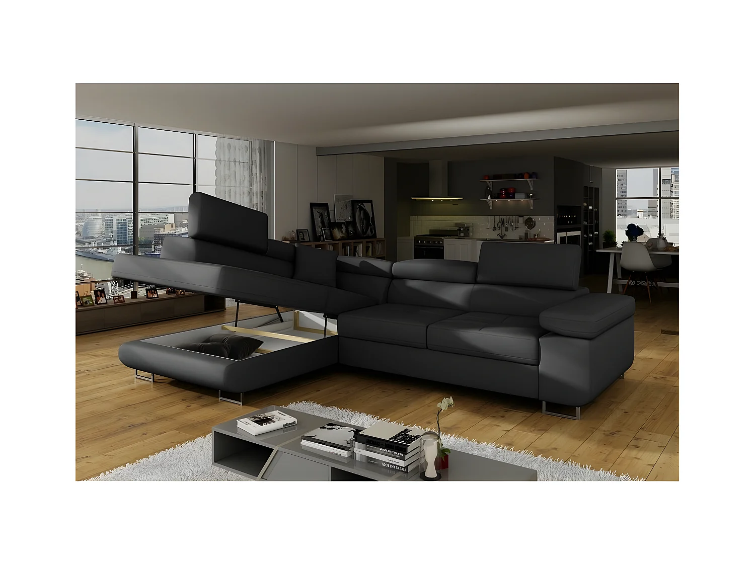 Canapé d'angle convertible en simili cuir 5 places, ANVERS SIMILI, noir, angle gauche