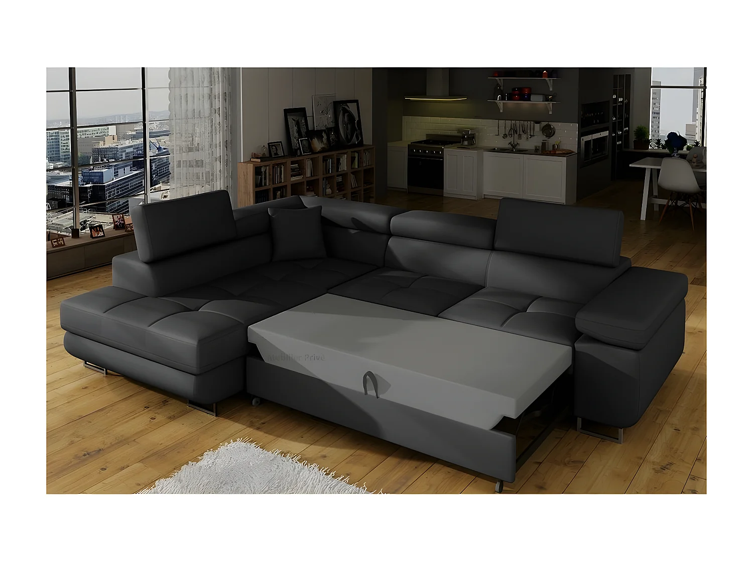 Canapé d'angle convertible en simili cuir 5 places, ANVERS SIMILI, noir, angle gauche