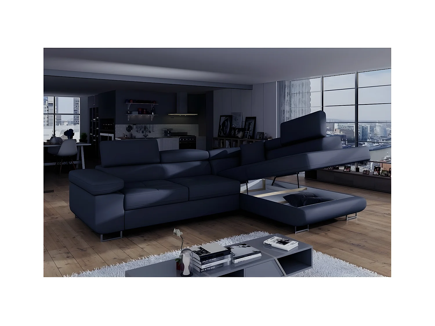 Canapé d'angle convertible en simili cuir 5 places, ANVERS SIMILI, bleu foncé, angle droit