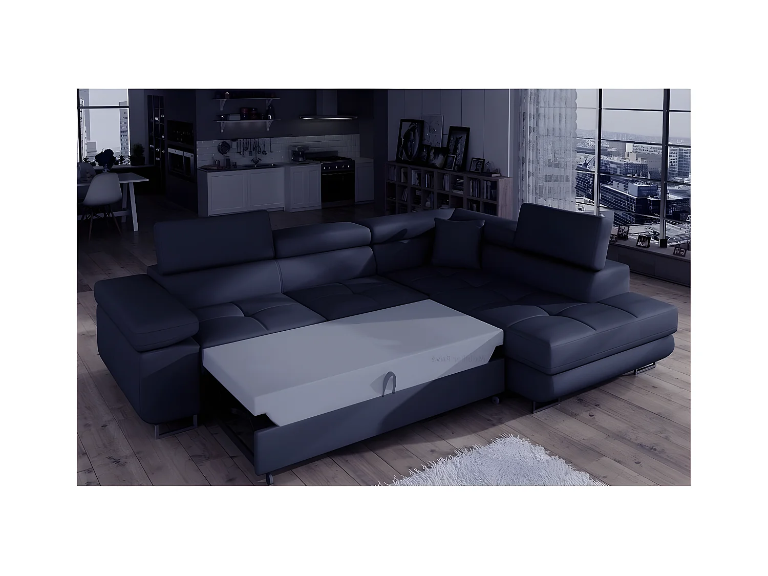 Canapé d'angle convertible en simili cuir 5 places, ANVERS SIMILI, bleu foncé, angle droit