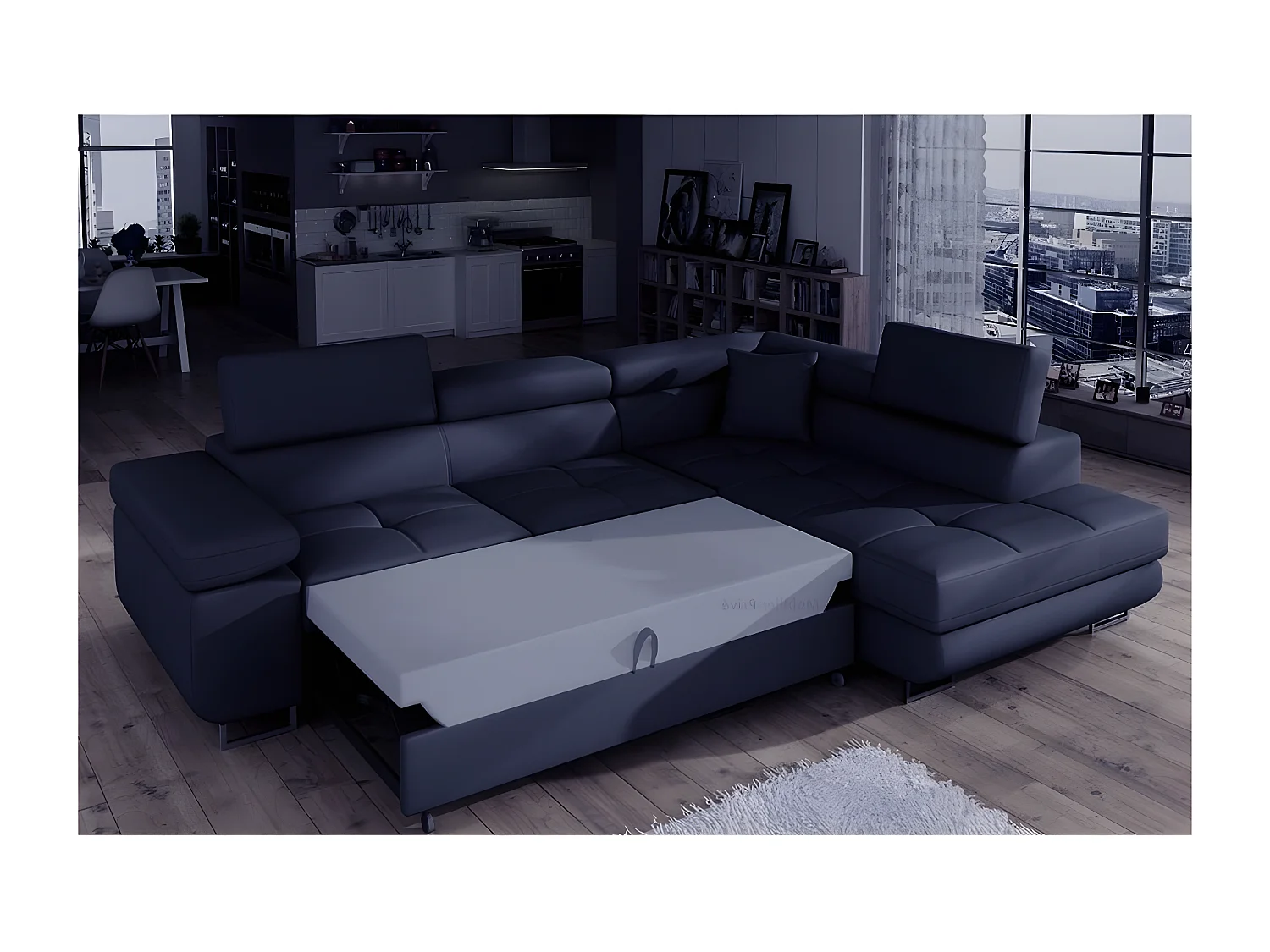 Canapé d'angle convertible en simili cuir 5 places, ANVERS SIMILI, bleu foncé, angle droit