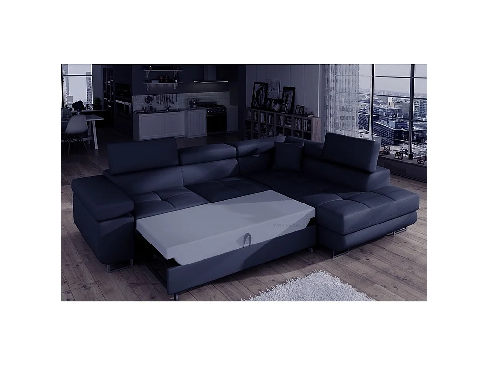 Canapé d'angle droit convertible 5 places en simili cuir bleu foncé ANVERS