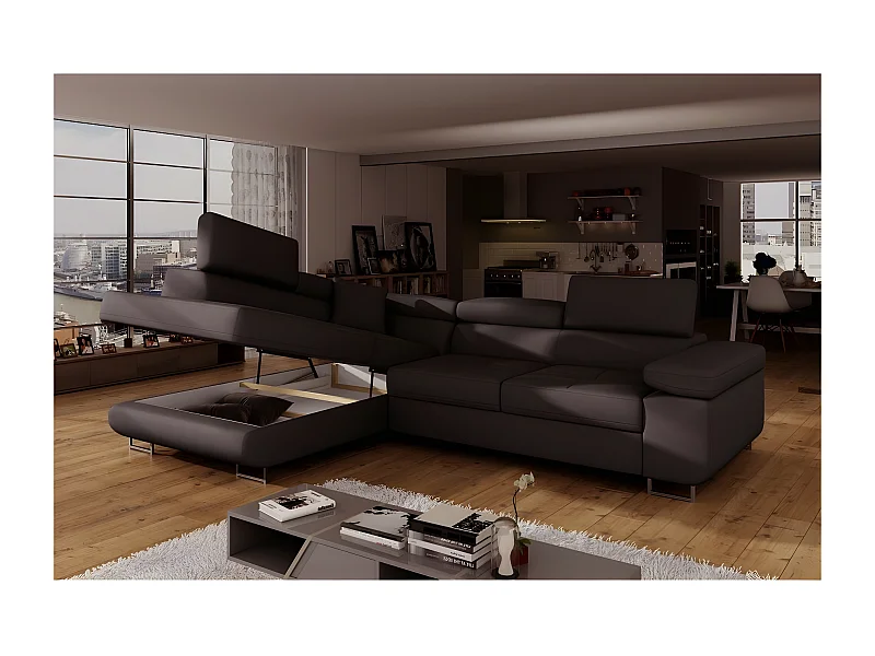 Canapé d'angle convertible en simili cuir 5 places, ANVERS SIMILI, chocolat, angle gauche