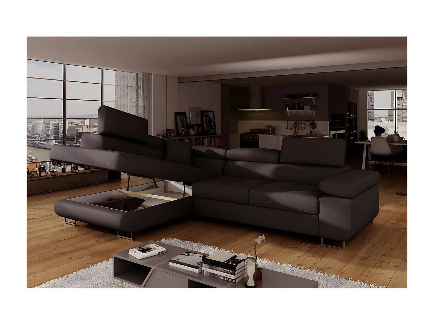 Canapé d'angle convertible en simili cuir 5 places, ANVERS SIMILI, chocolat, angle gauche