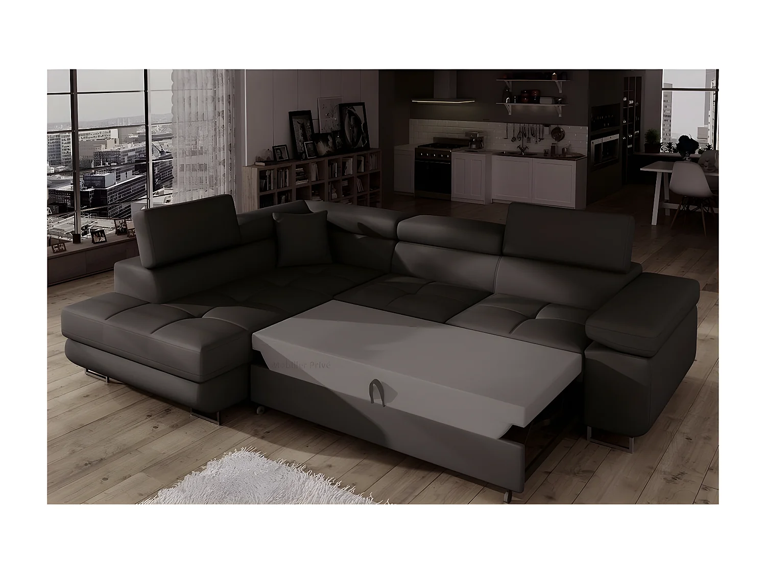 Canapé d'angle convertible en simili cuir 5 places, ANVERS SIMILI, chocolat, angle gauche