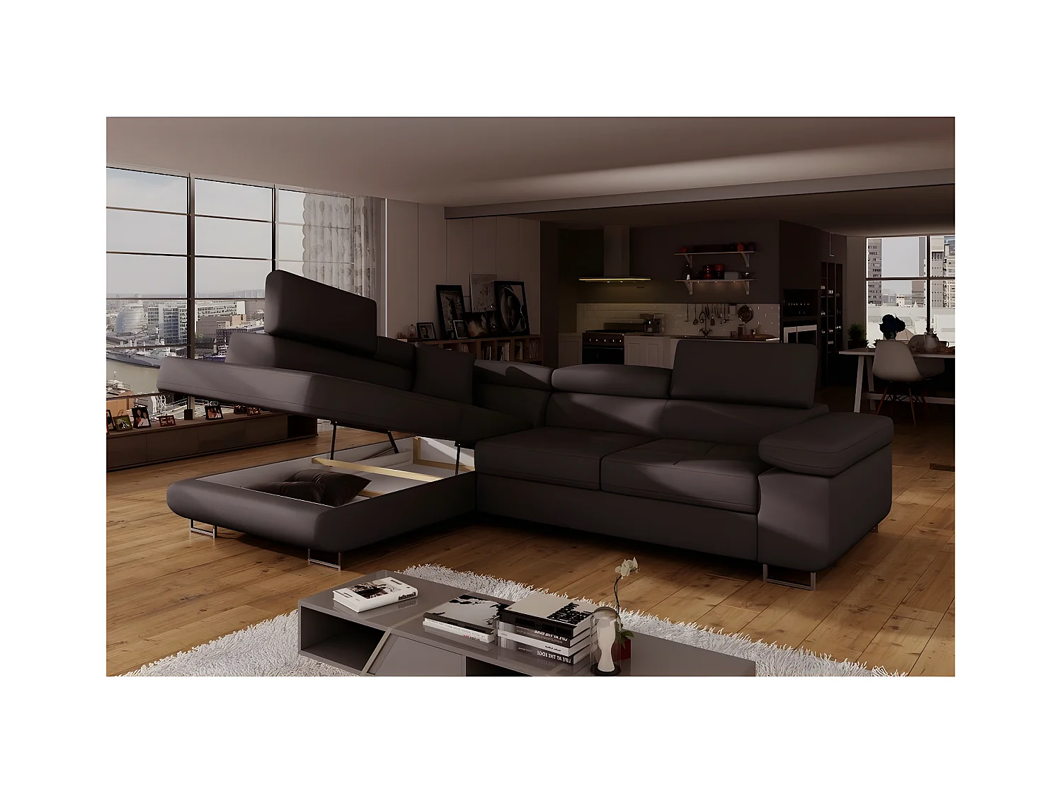 Canapé d'angle convertible en simili cuir 5 places, ANVERS SIMILI, chocolat, angle gauche