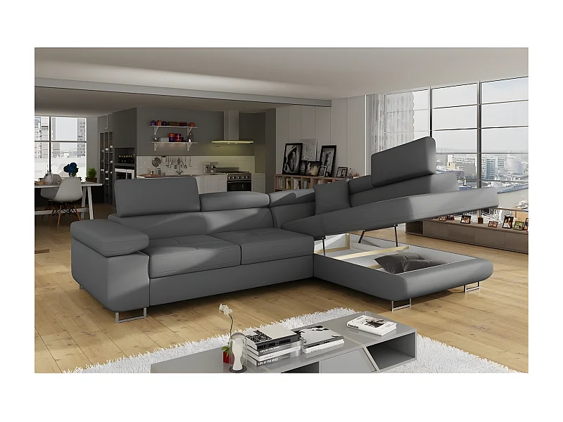 Canapé d'angle convertible en simili cuir 5 places, ANVERS SIMILI, gris foncé, angle droit