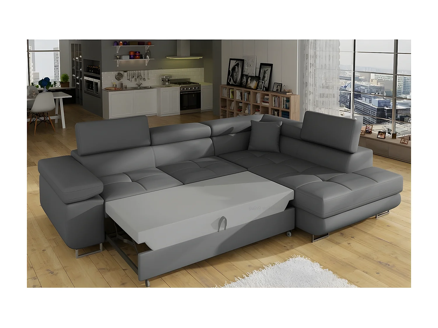 Canapé d'angle convertible en simili cuir 5 places, ANVERS SIMILI, gris foncé, angle droit