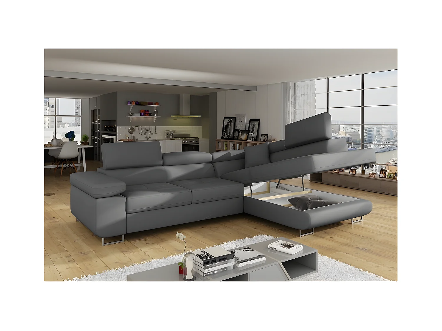 Canapé d'angle convertible en simili cuir 5 places, ANVERS SIMILI, gris foncé, angle droit