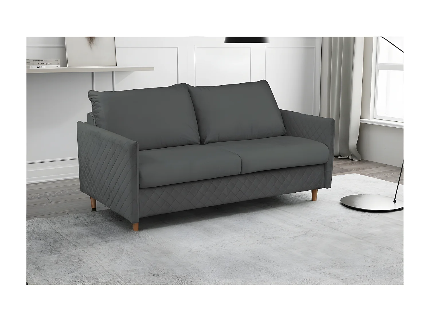 Canapé 3 places convertible en velours de luxe SANREMO, couchage quotidien, gris foncé