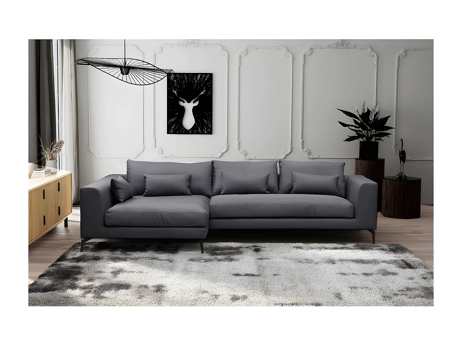 Hoekbank van luxe stof met 5 zitplaatsen BERGAMO donkergrijs met massief houten frame