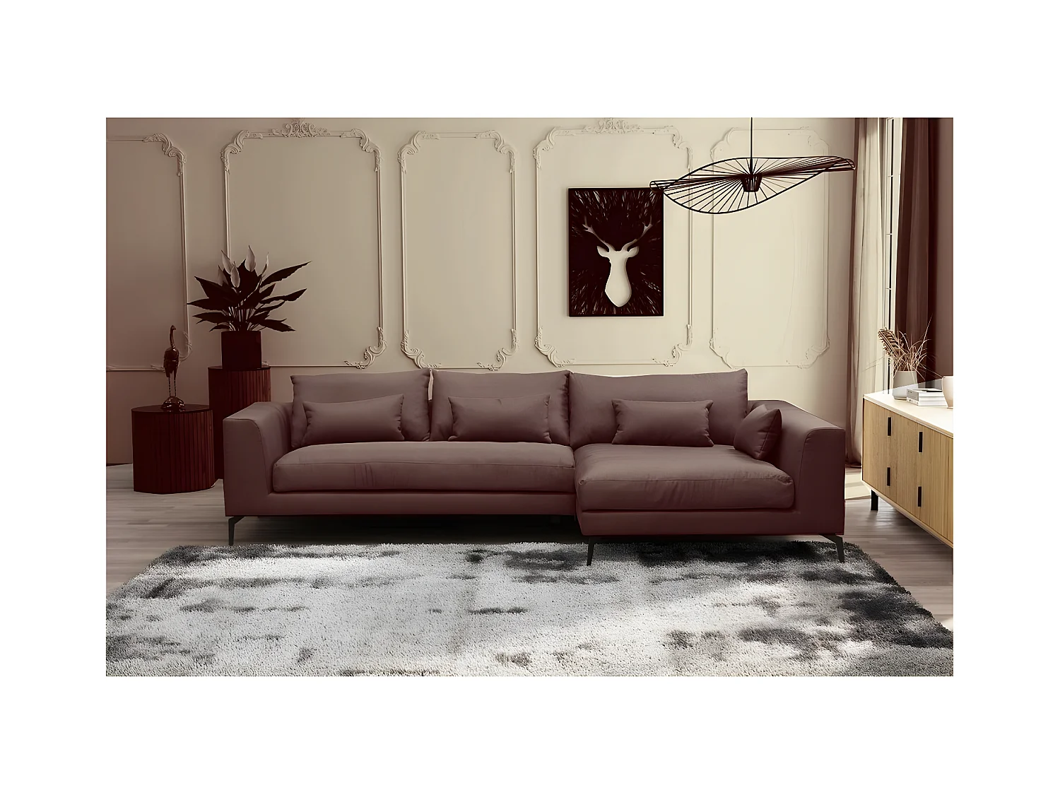 Canapé d'angle en tissu luxe 5 places, BERGAMO, chocolat, angle droit (vu de face)