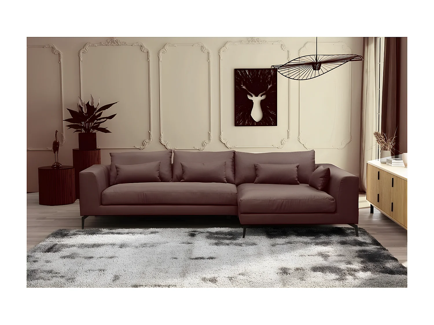 Luxe 5-zits hoekbank BERGAMO van stof, chocolade, met massief houten frame