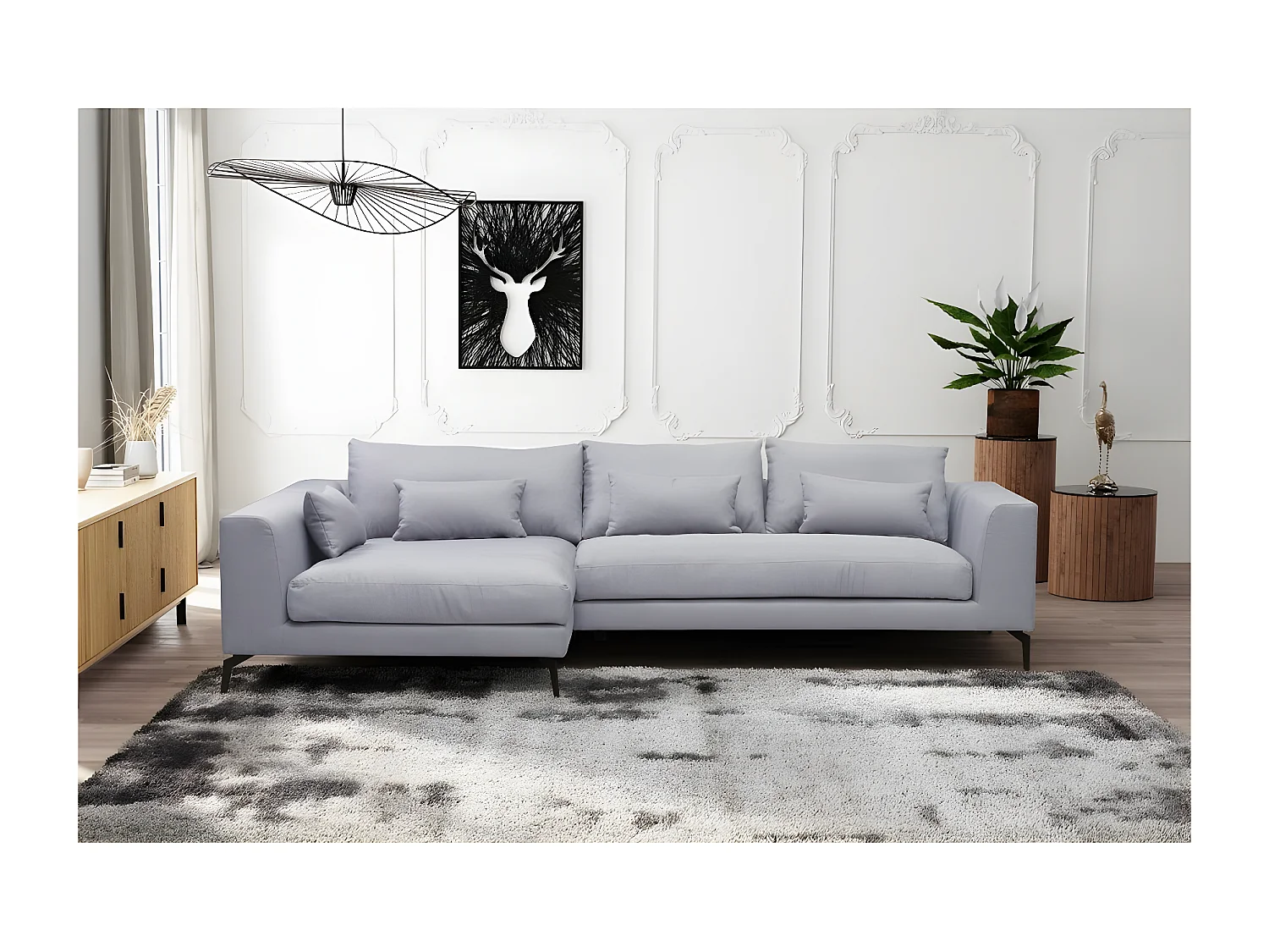 Hoekbank van luxe stof met 5 zitplaatsen BERGAMO grijs met linkerhoek