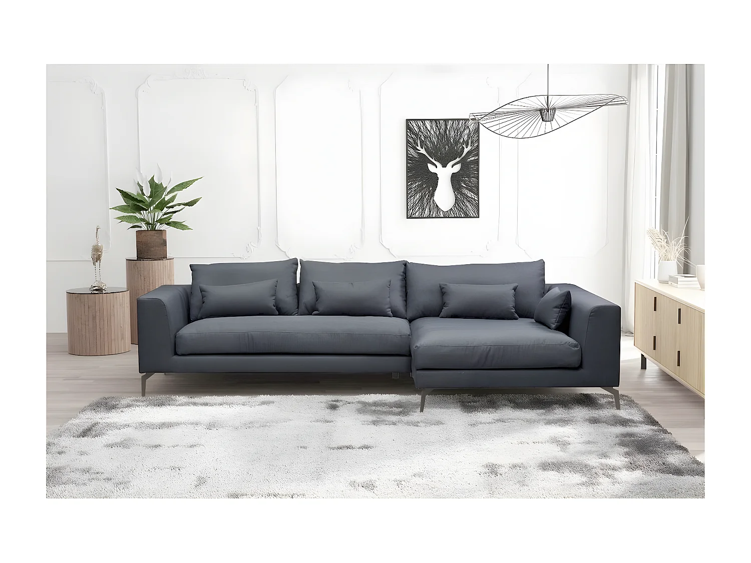 Hoekbank van luxe stof met 5 zitplaatsen BERGAMO donkergrijs met massief houten frame