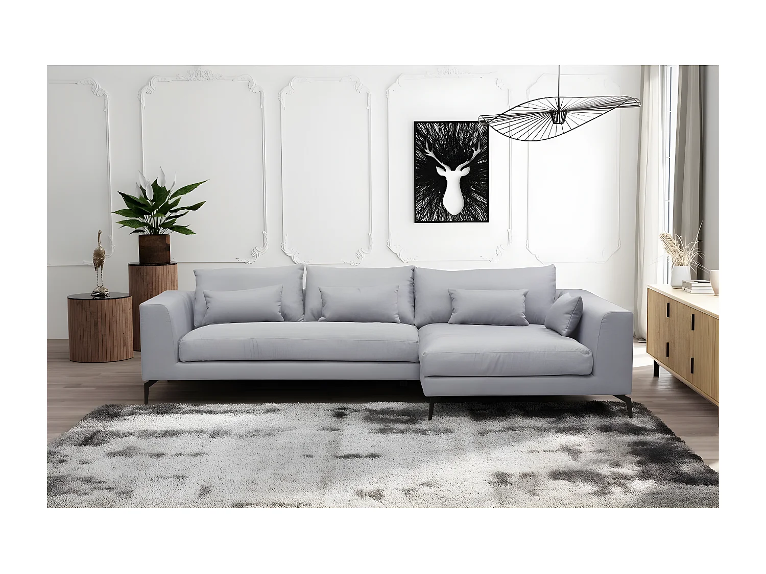 Canapé d'angle en tissu luxe 5 places, BERGAMO, gris, angle droit(vu de face)