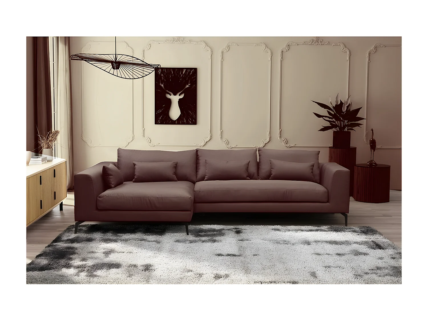 Hoekbank van luxe stof met 5 zitplaatsen BERGAMO bruin met massief houten frame