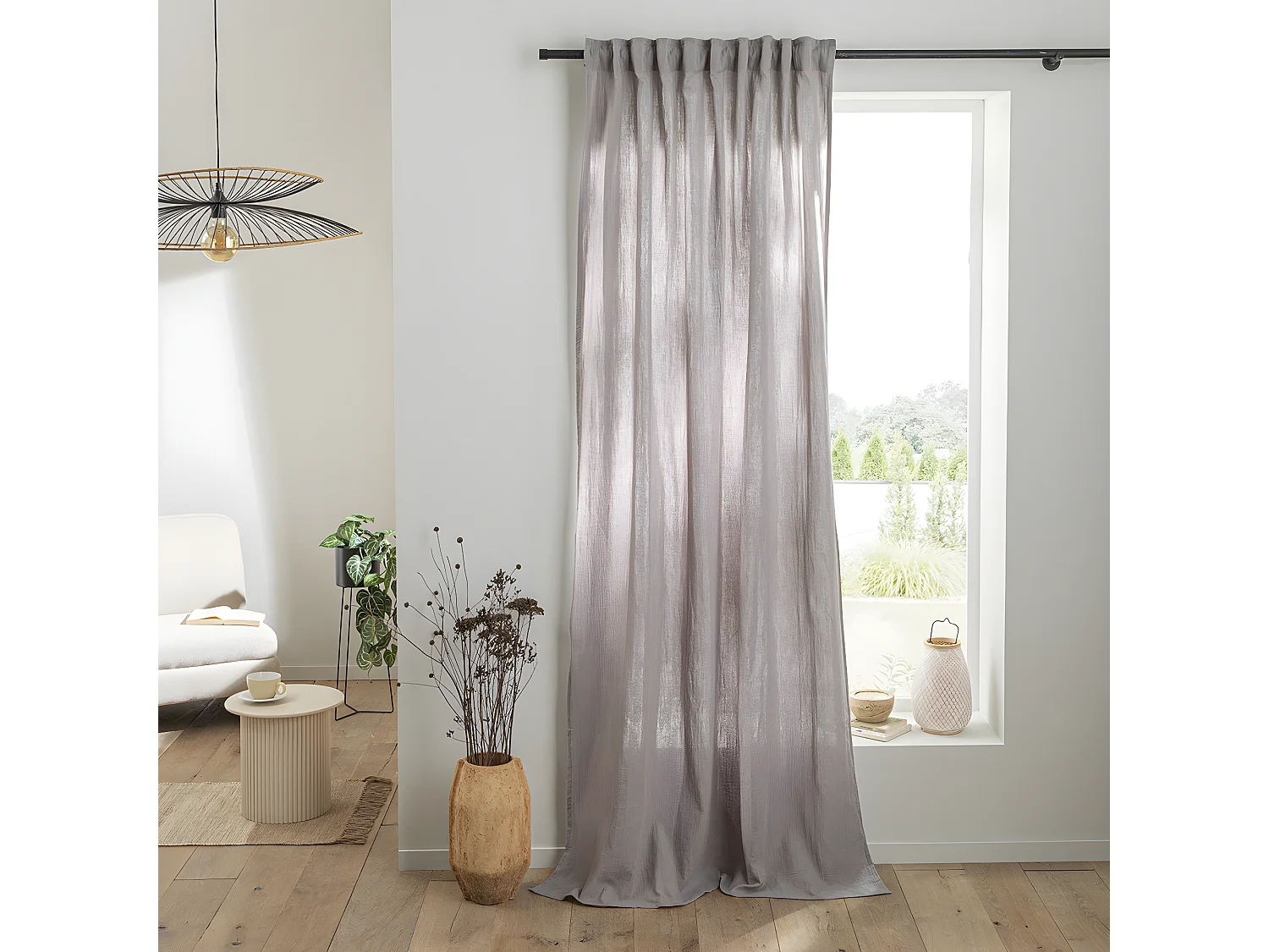 Rideau uni en gaze de coton pattes cachées à l'unité 140x300cm gris